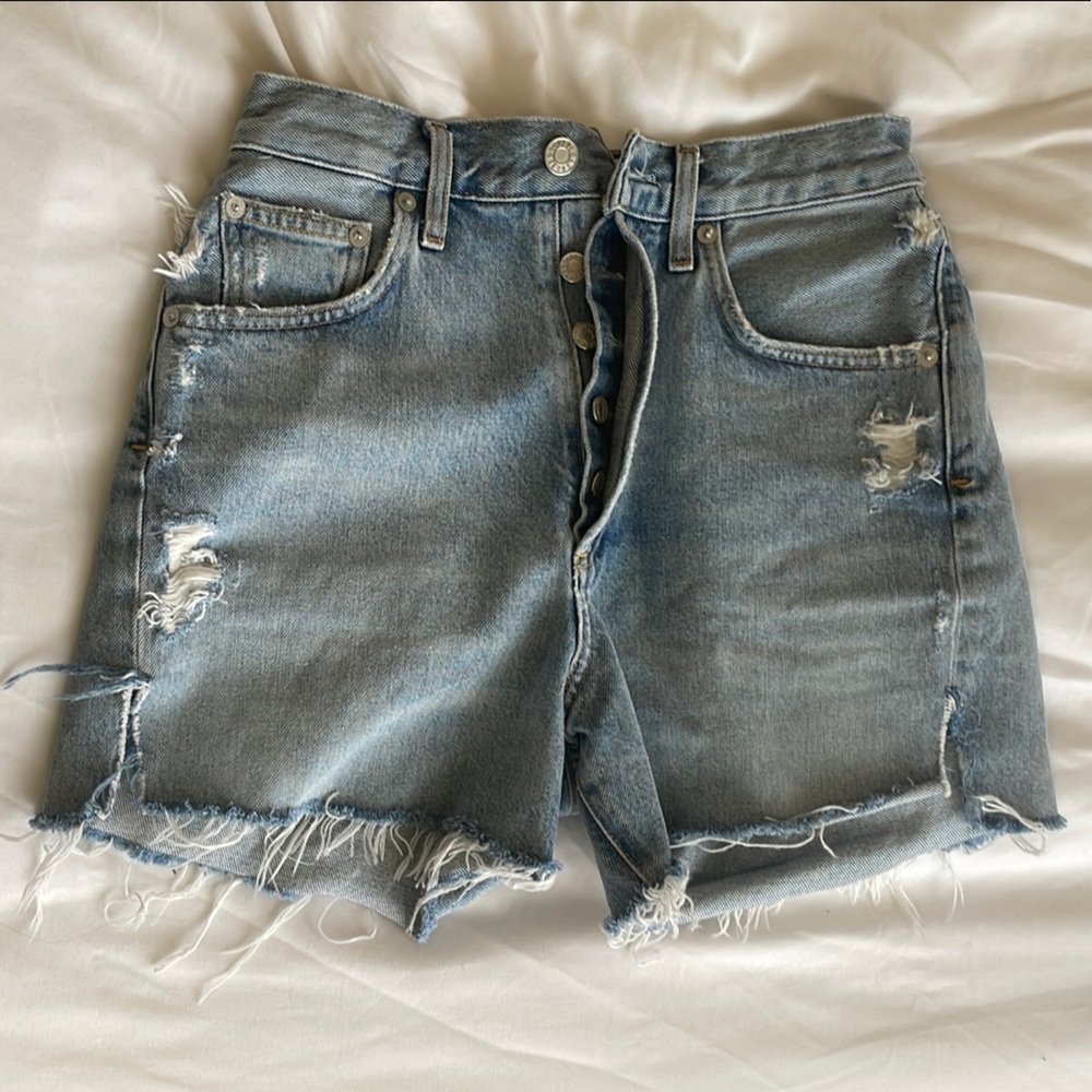 Agolde Light Blue Vintage Distressed Jean Shorts with Buttons Fly